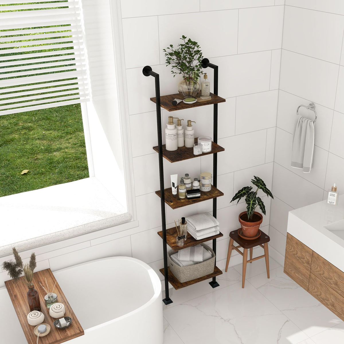 5-Tier Ladder Shelf Black Metal Frame Rustic Brown I354