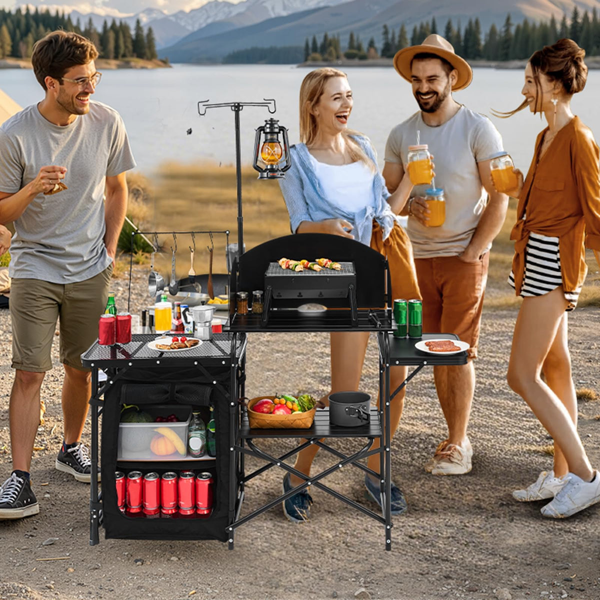 Black Aluminum Camping Kitchen Table with Storage Cupboard Z49445