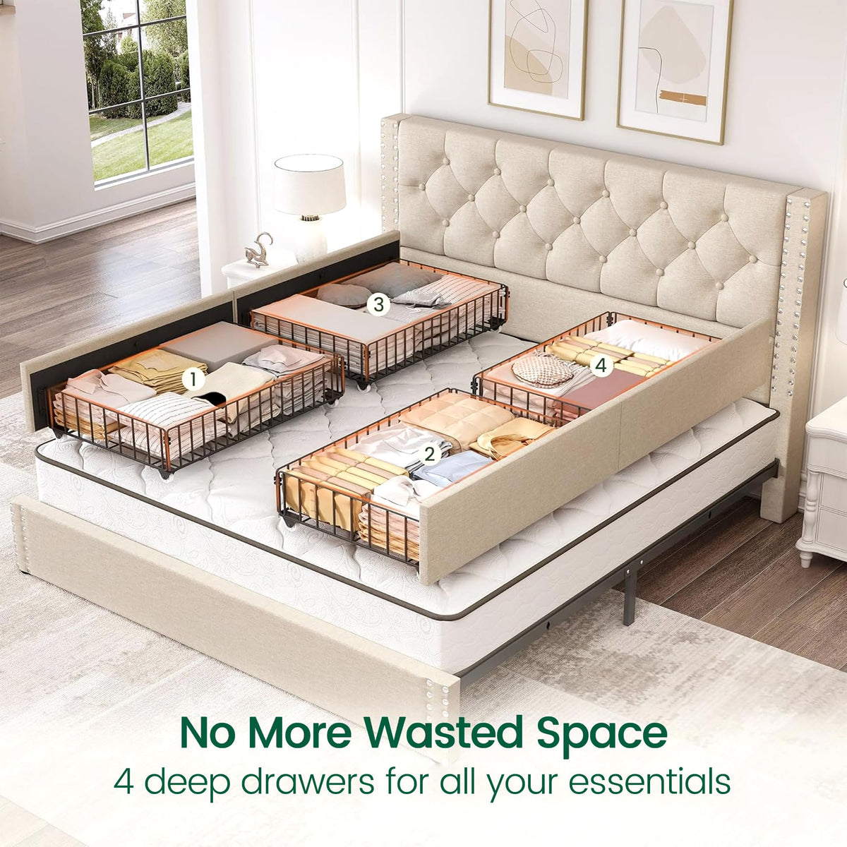 Queen Size Linen Upholstered Platform Bed Frame with 4 Storage Drawers I52874