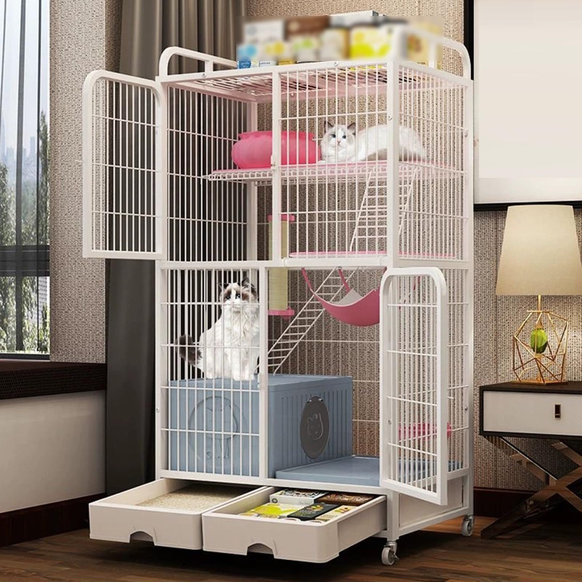 White 4 Tier Cat Cage with Litter Box K7398