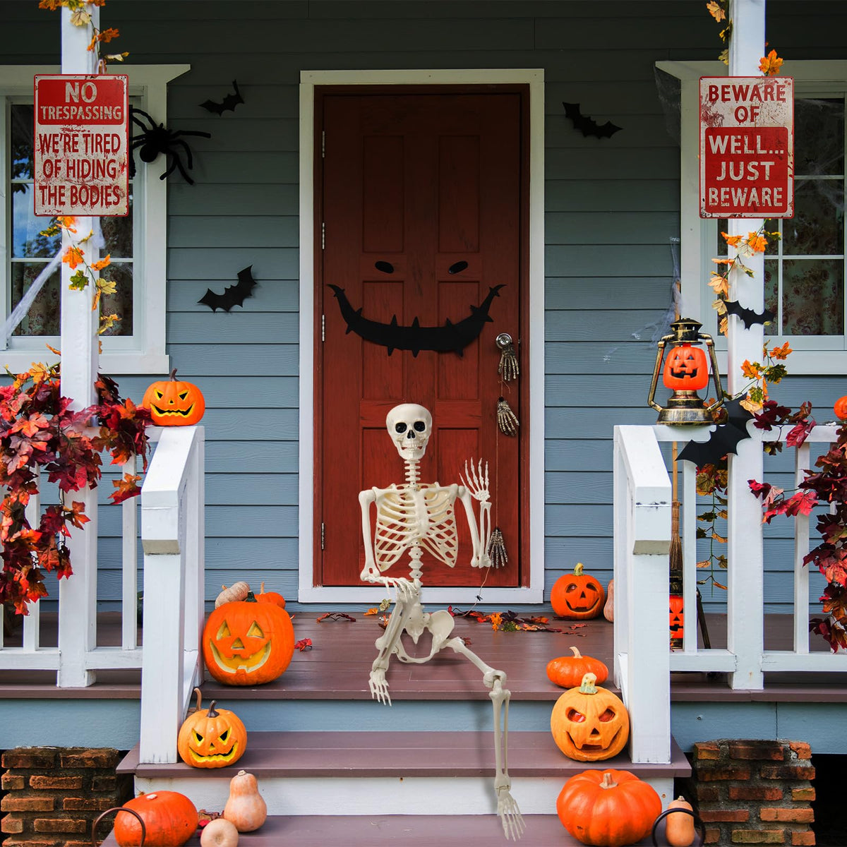5.4 ft Posable Skeleton with 2 Pack Metal Signs K7710