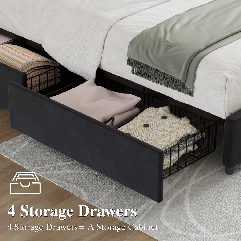 Queen Size Black Bed Frame with 4 Storage Drawers L387808