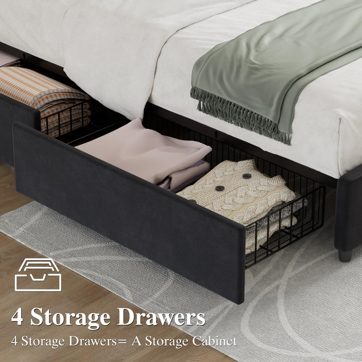 Queen Size Black Bed Frame with 4 Storage Drawers L387808