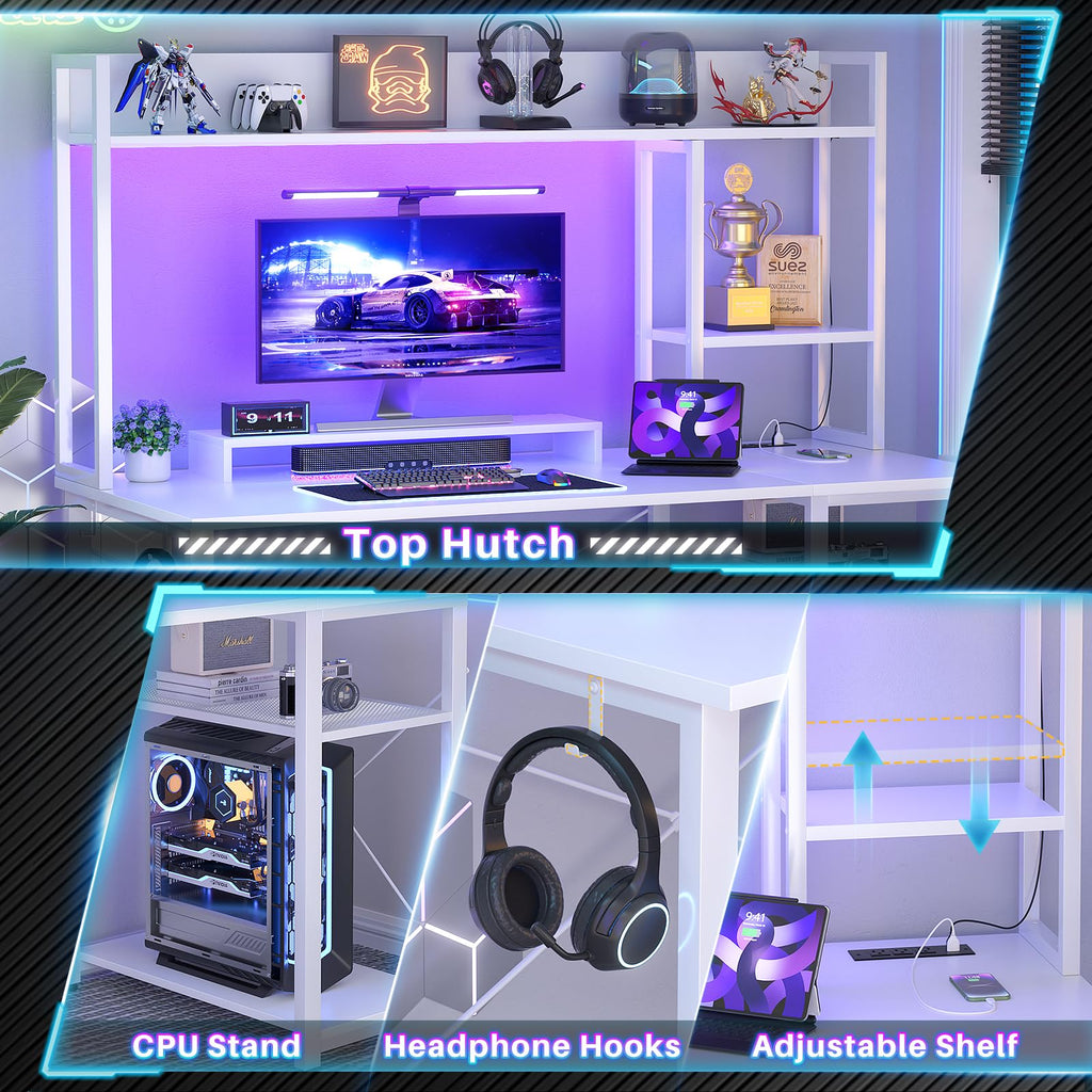 47'' White Gaming Desk with Hutch and Storage Shelves M2411