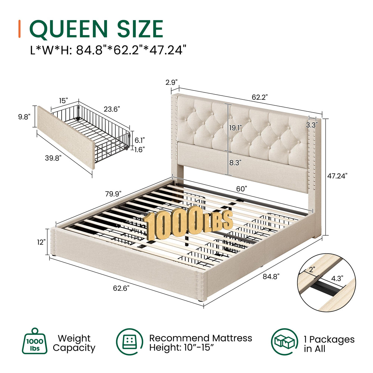 Queen Size Linen Upholstered Platform Bed Frame with 4 Storage Drawers I52874