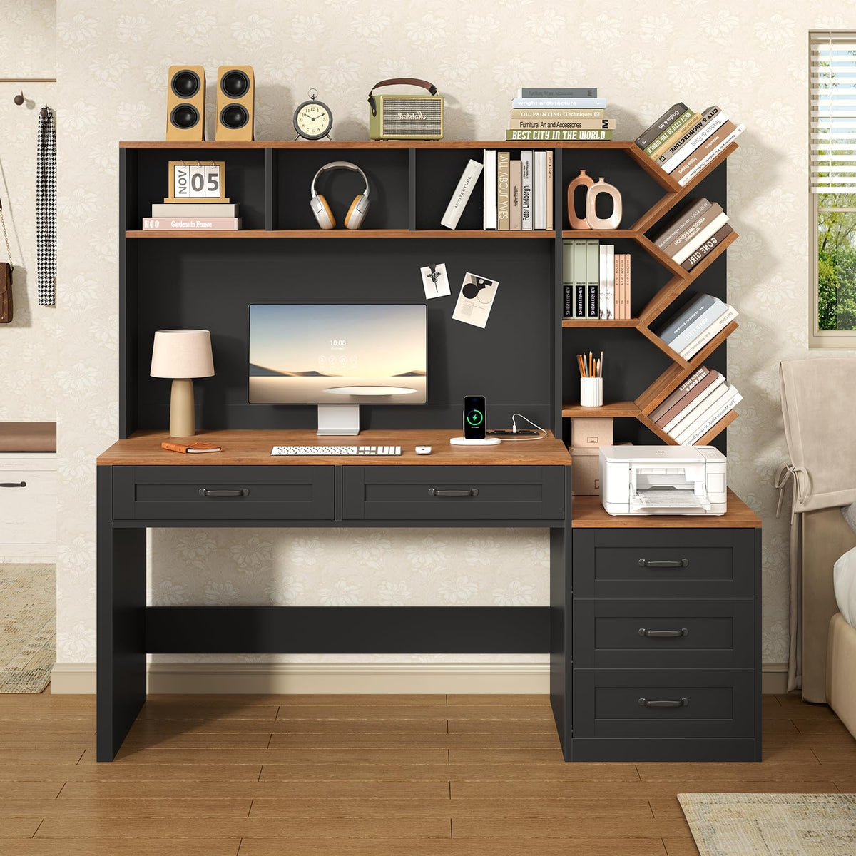 55" Computer Desk with Bookshelf, Drawers & Hutch C9193