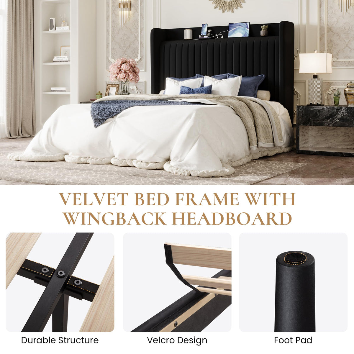 Queen Size Black Velvet Bed Frame with Shelf C782036