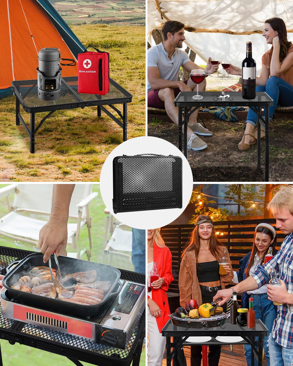 Folding Height Adjustable Aluminum Grill Table with Mesh Desktop and Mesh Bag, Black, 23.6×15.7 inch L24264