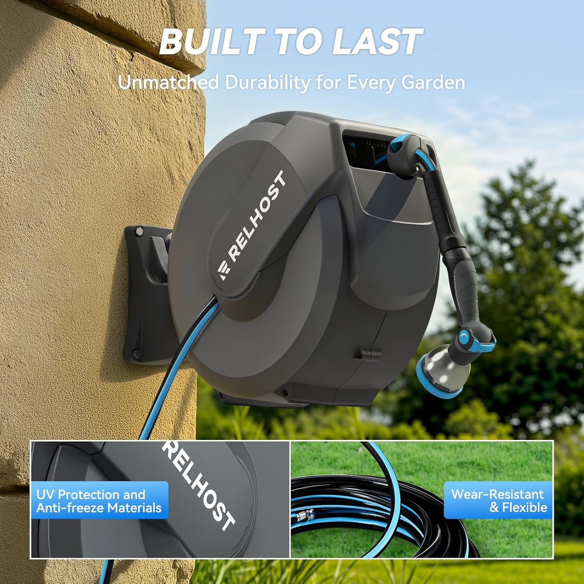 Retractable Garden Hose Reel, 1/2 in x 100 ft Wall Mount Heavy Duty with 10-Pattern Nozzle, Dark Grey Y480598