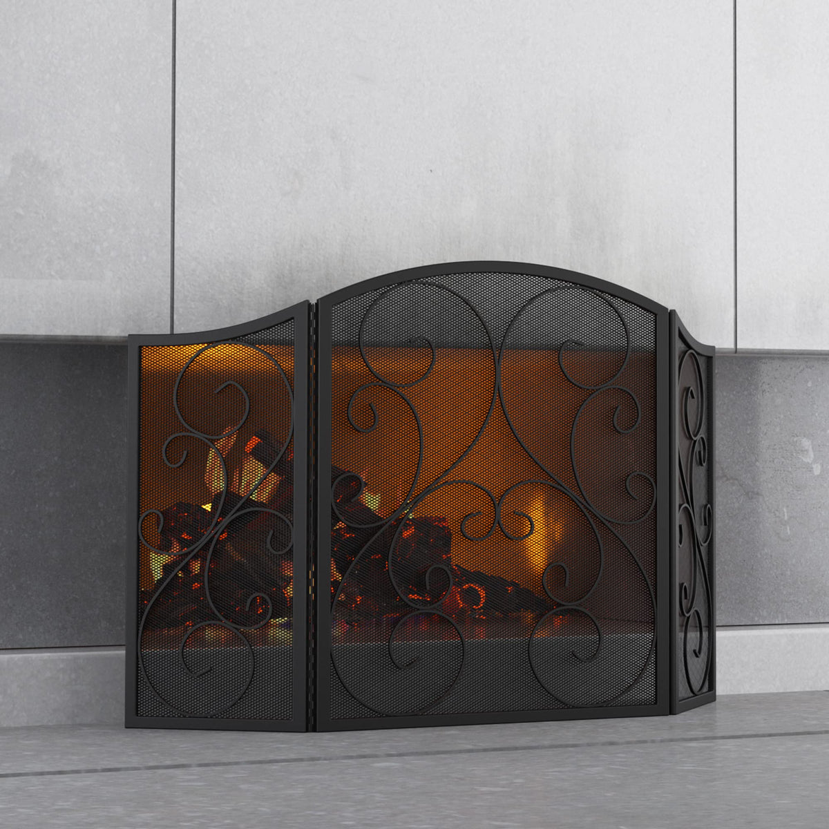 3 Panel Arch Top Wrought Iron Fireplace Screen J793