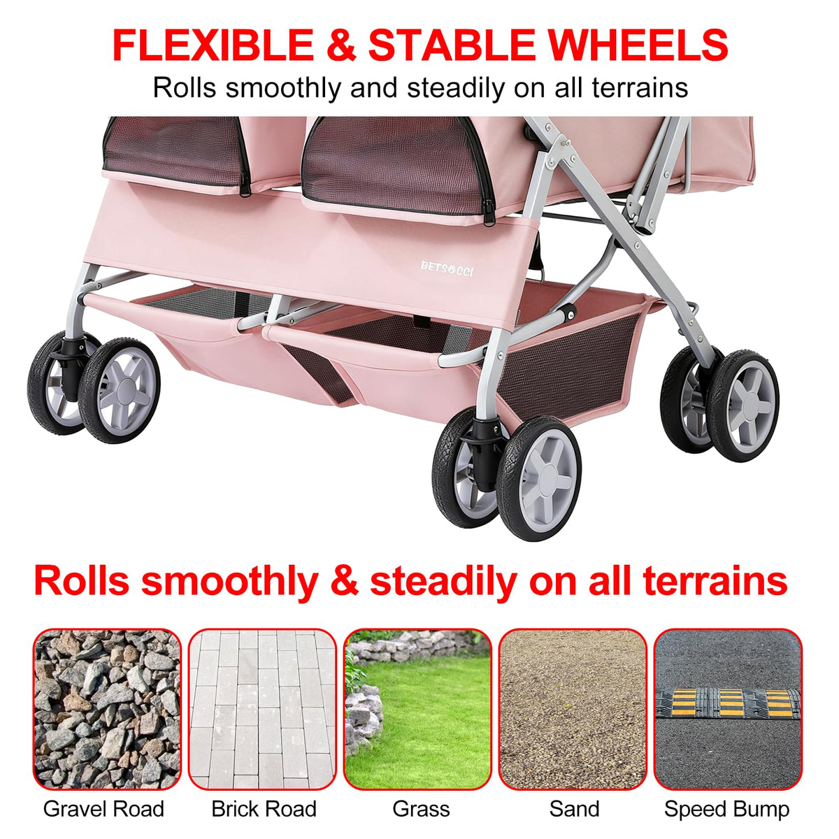 Double Pet Stroller for 2 Small Dogs & Cats, Side-by-Side Twin Travel Carriage with Safety Leashes, Mesh Windows & Double Storage Baskets, Lightweight & Foldable, 44lbs Capacity, Pink Z5518