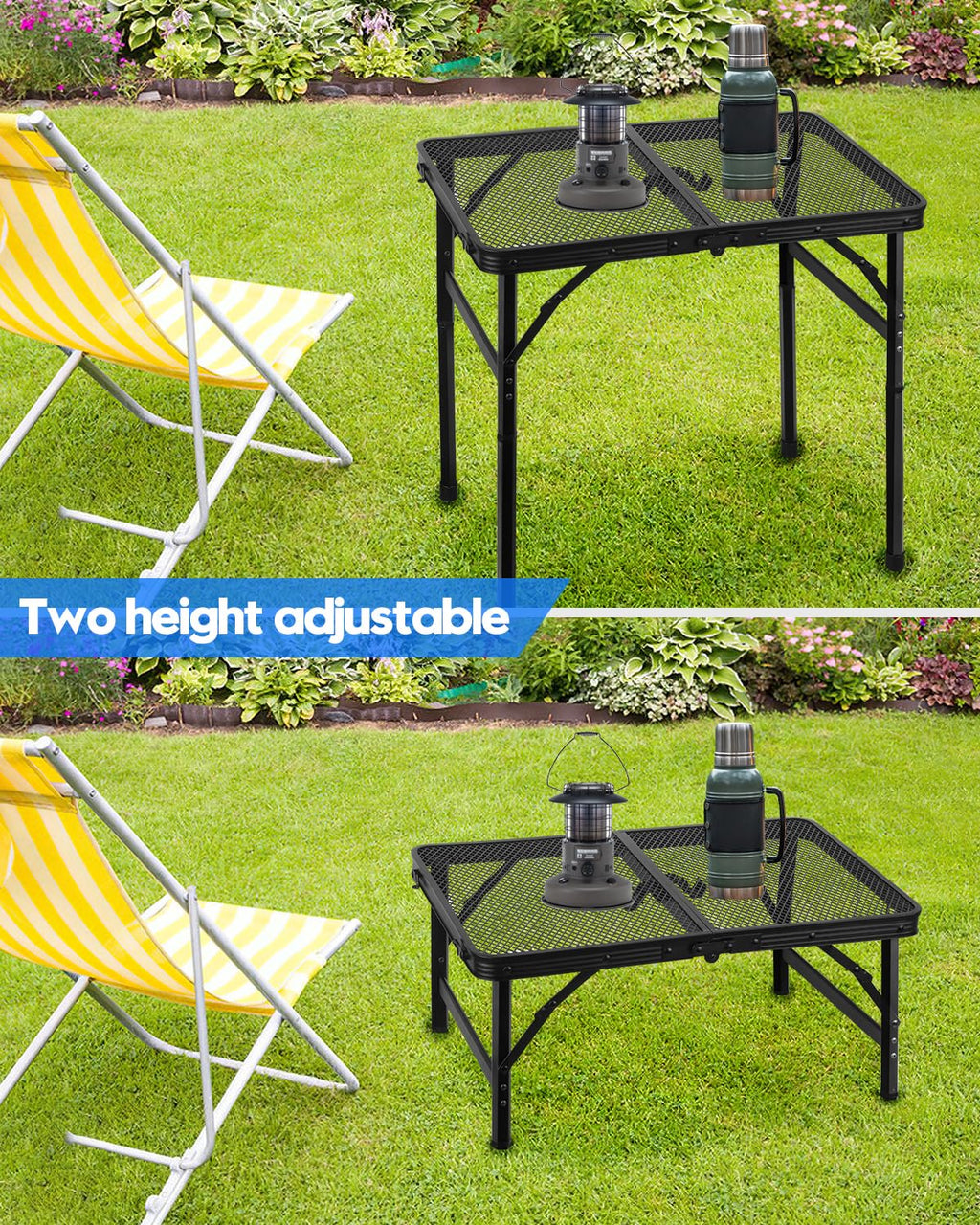 Folding Height Adjustable Aluminum Grill Table with Mesh Desktop and Mesh Bag, Black, 23.6×15.7 inch L24264
