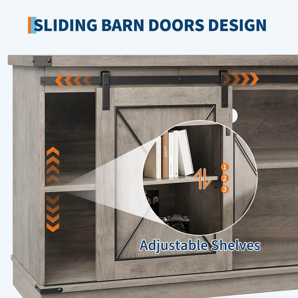 Farmhouse TV Stand with Sliding Barn Doors and Storage Cabinets C639