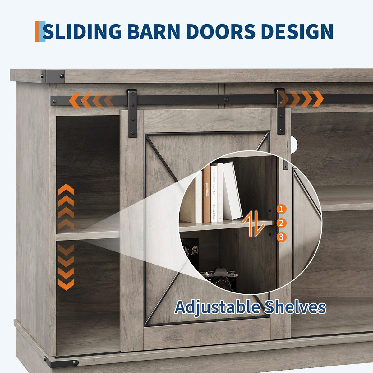 Farmhouse TV Stand with Sliding Barn Doors and Storage Cabinets C639