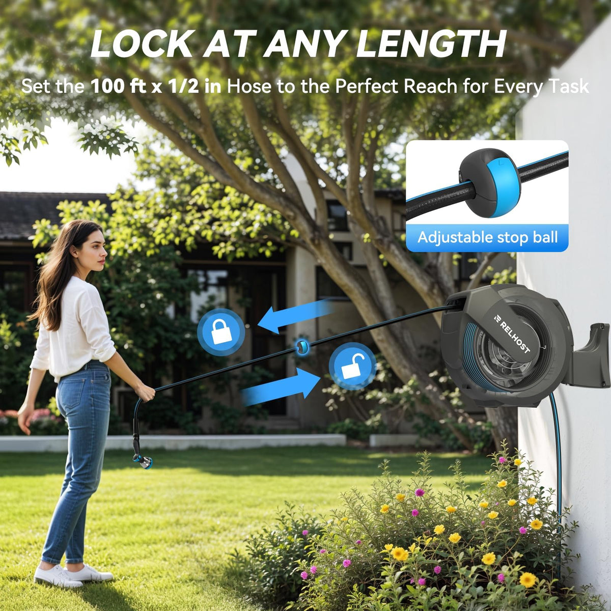 Retractable Garden Hose Reel, 1/2 in x 100 ft Wall Mount Heavy Duty with 10-Pattern Nozzle, Dark Grey Y480598