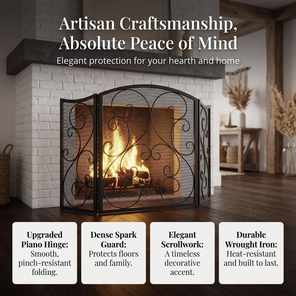 3 Panel Arch Top Wrought Iron Fireplace Screen J793