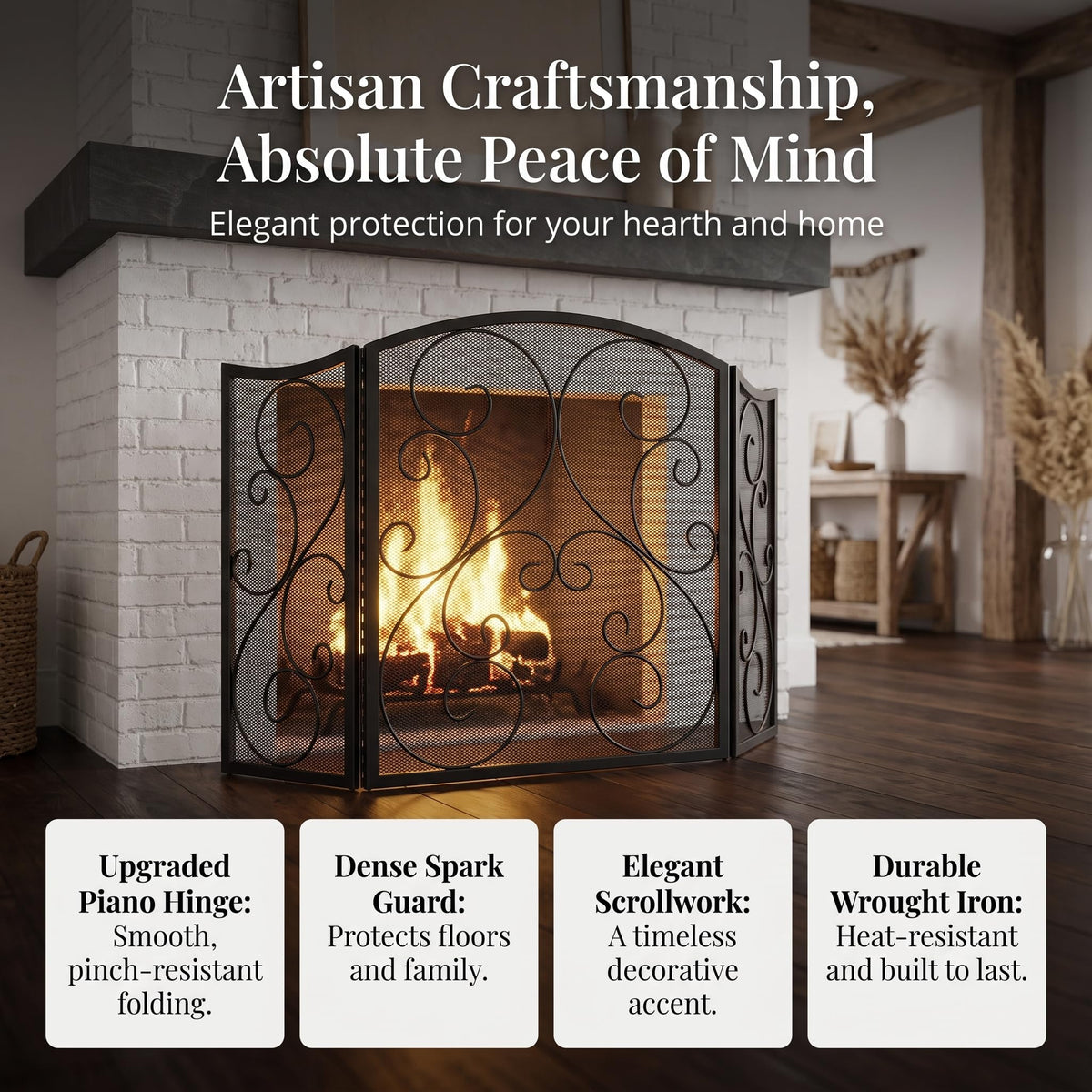 3 Panel Arch Top Wrought Iron Fireplace Screen J793