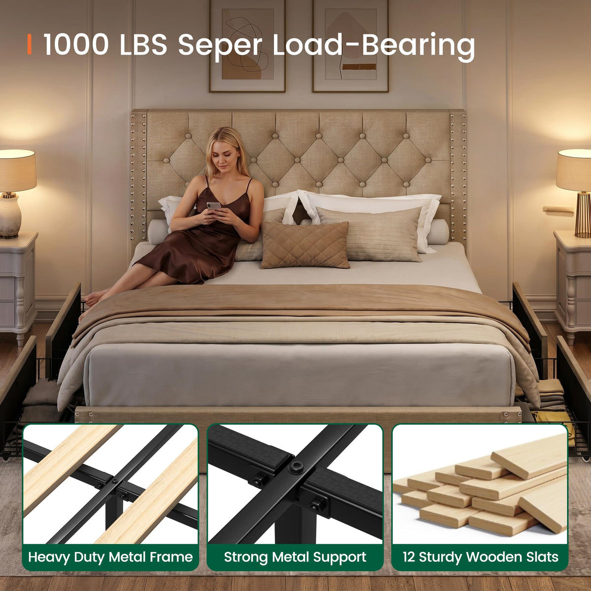 Queen Size Linen Upholstered Platform Bed Frame with 4 Storage Drawers I52874