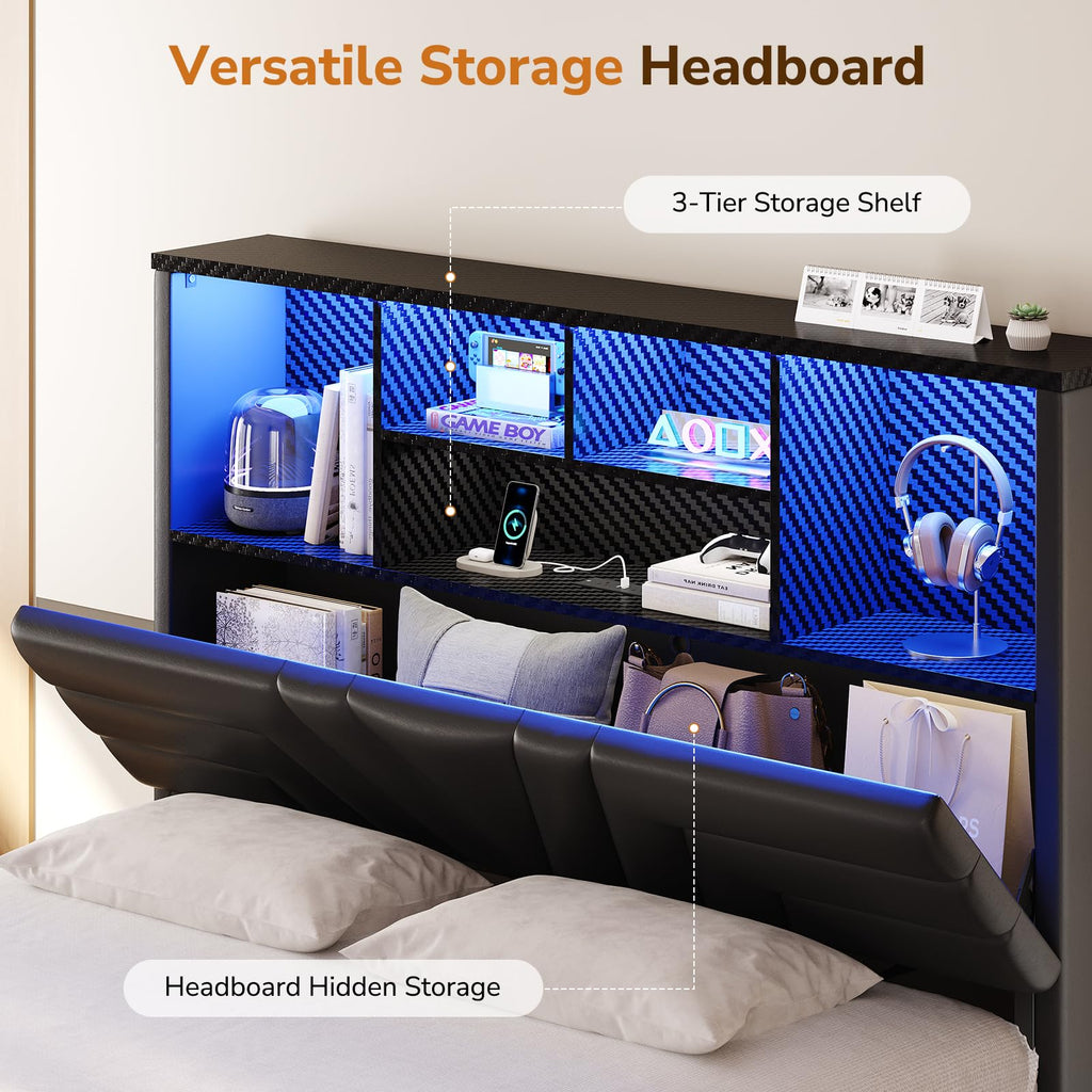 Full Size Bed Frame with 4 Drawers and Storage Headboard, Black D58782