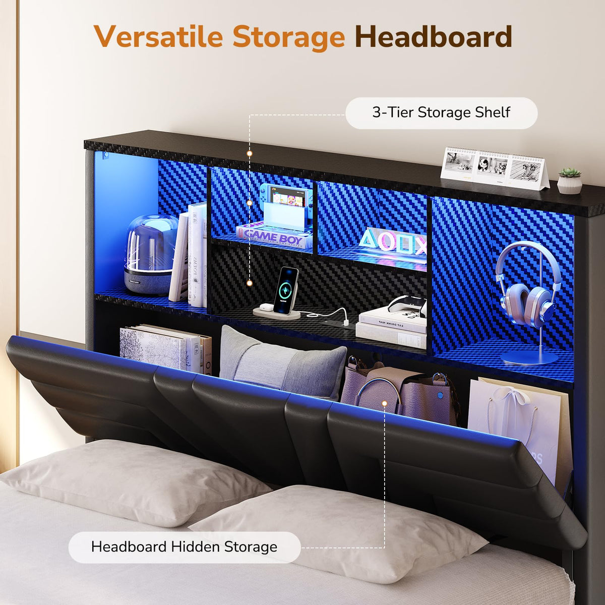 Full Size Bed Frame with 4 Drawers and Storage Headboard, Black D58782