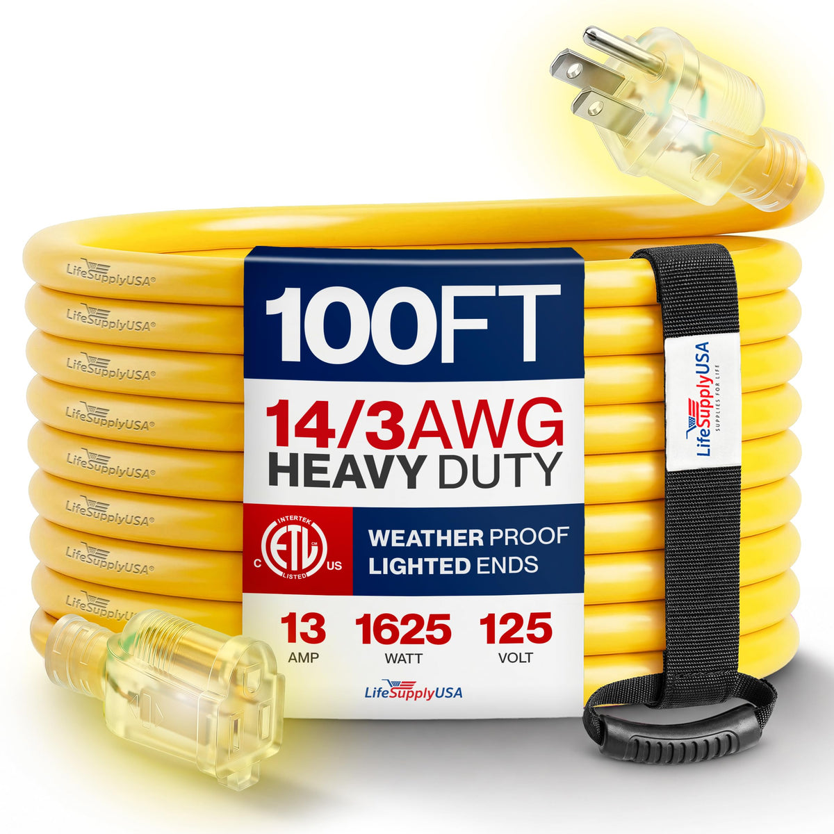 100ft Outdoor/Indoor Extension Cord 14/3 Gauge Heavy Duty 3 Prong SJTW Yellow R2024