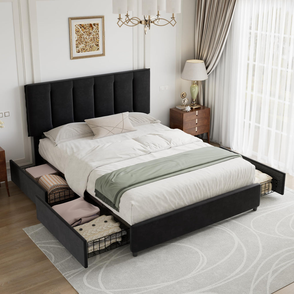 Queen Size Black Bed Frame with 4 Storage Drawers L387808