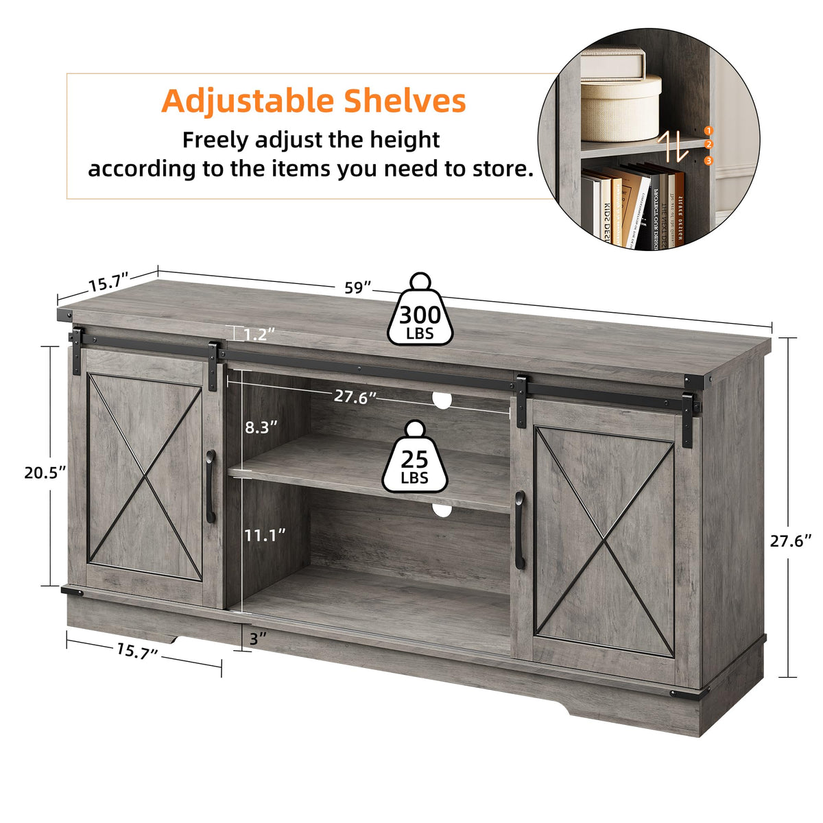 Farmhouse TV Stand with Sliding Barn Doors and Storage Cabinets C639