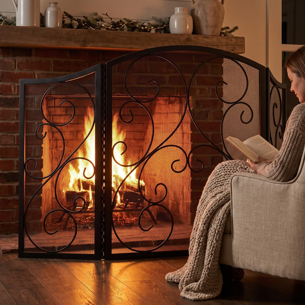 3 Panel Arch Top Wrought Iron Fireplace Screen J793