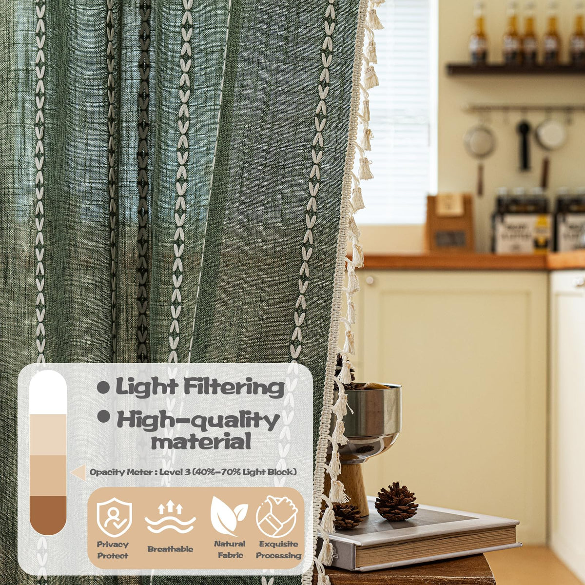 Boho Linen Tassles Light Filtering Door Curtains, Rod Pocket 1 Panel Olive Green I8181