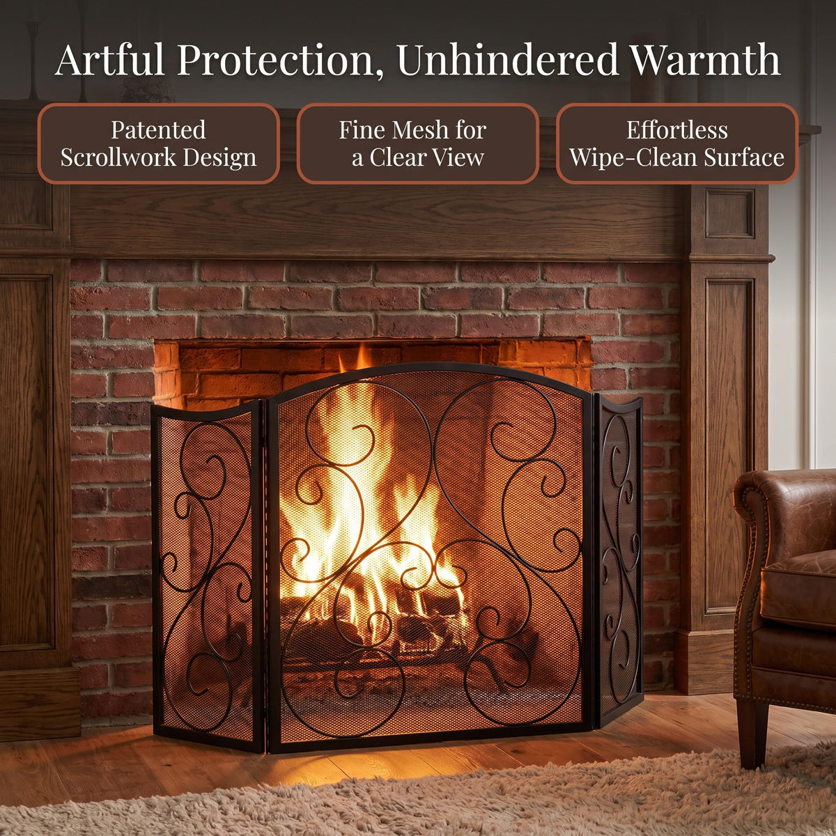 3 Panel Arch Top Wrought Iron Fireplace Screen J793