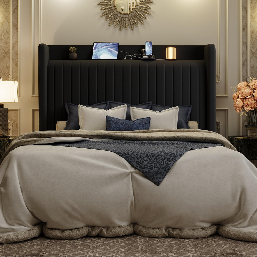 Queen Size Black Velvet Bed Frame with Shelf C782036