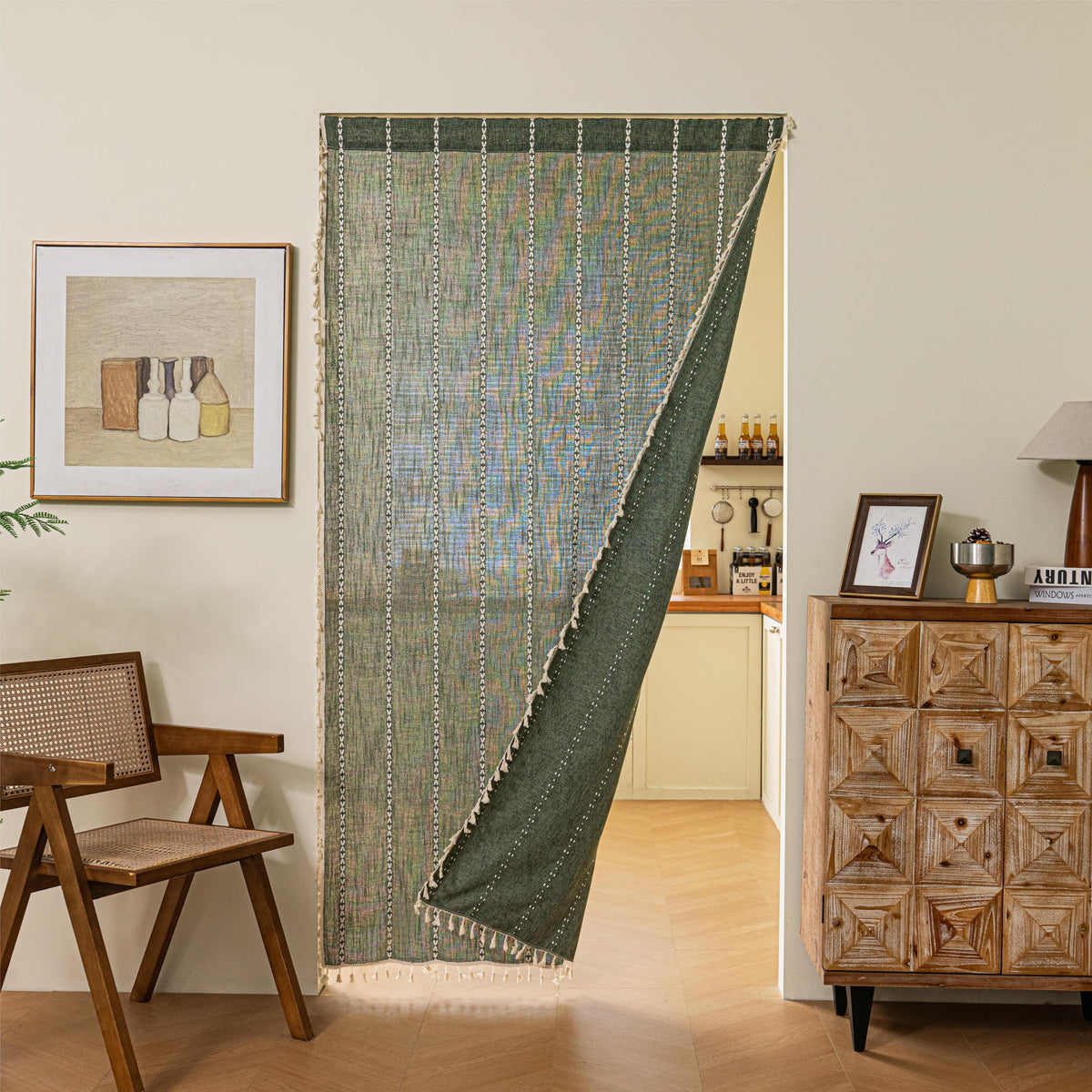 Boho Linen Tassles Light Filtering Door Curtains, Rod Pocket 1 Panel Olive Green I8181