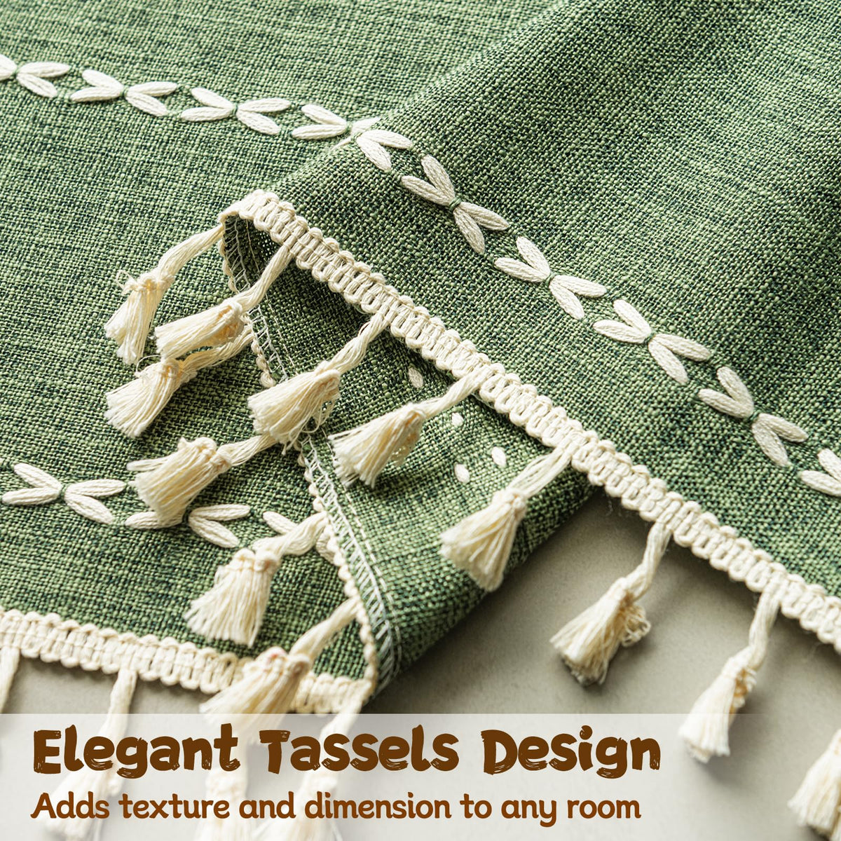 Boho Linen Tassles Light Filtering Door Curtains, Rod Pocket 1 Panel Olive Green I8181