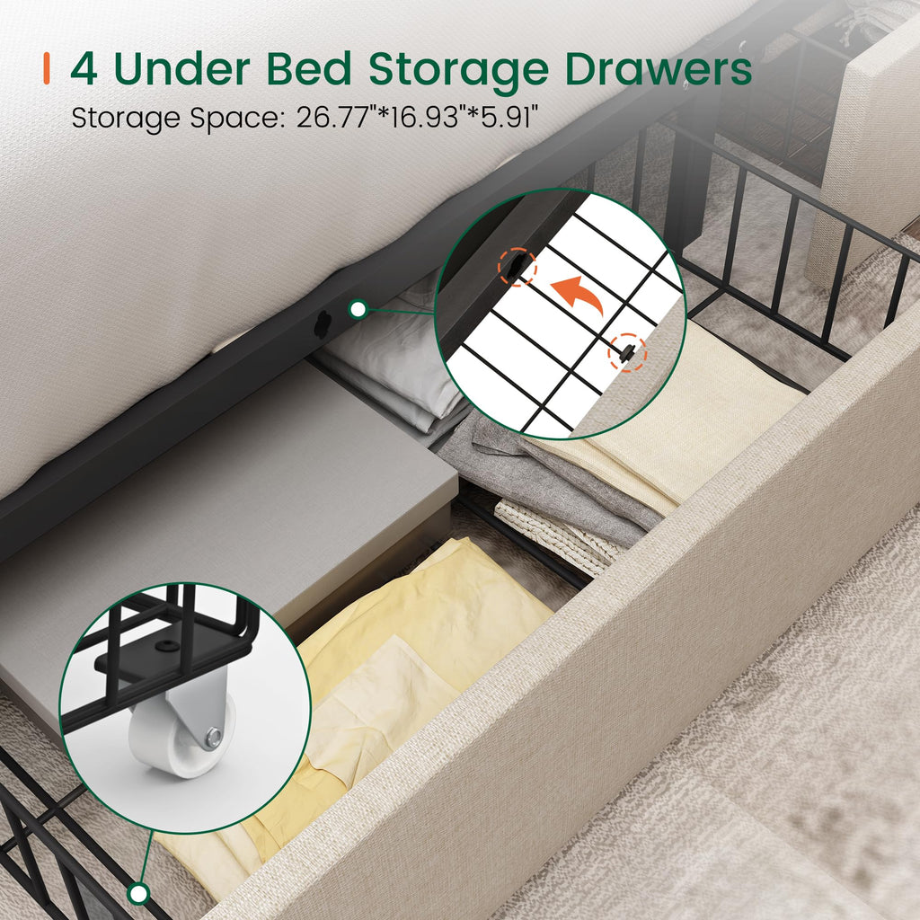 Queen Size Linen Upholstered Platform Bed Frame with 4 Storage Drawers I52874