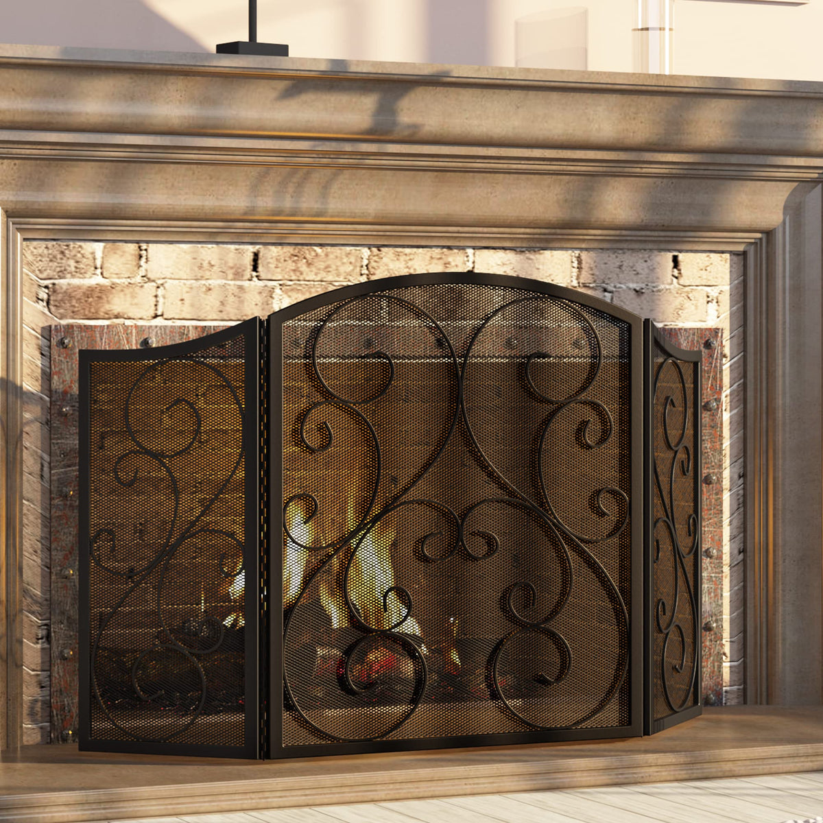 3 Panel Arch Top Wrought Iron Fireplace Screen J793