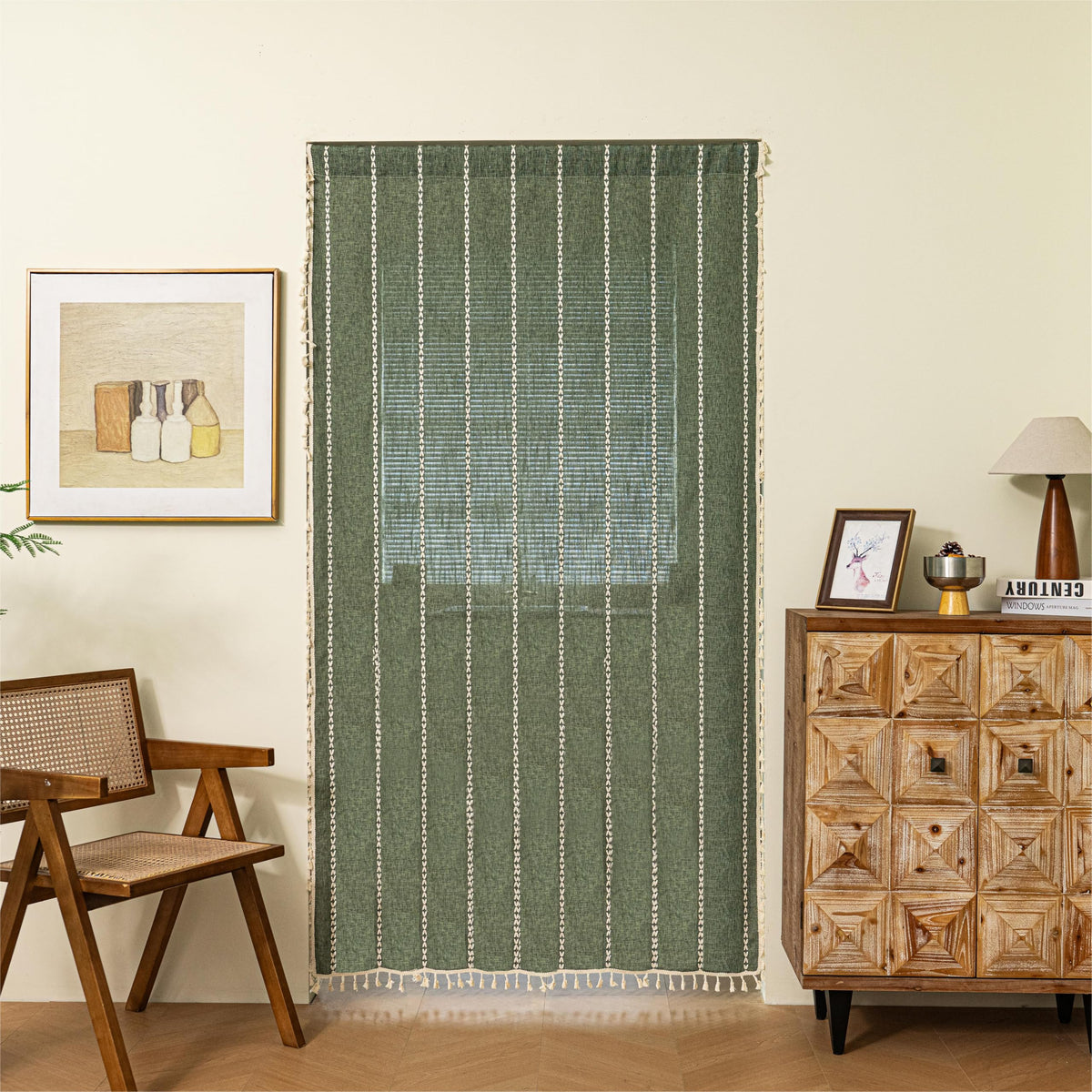 Boho Linen Tassles Light Filtering Door Curtains, Rod Pocket 1 Panel Olive Green I8181