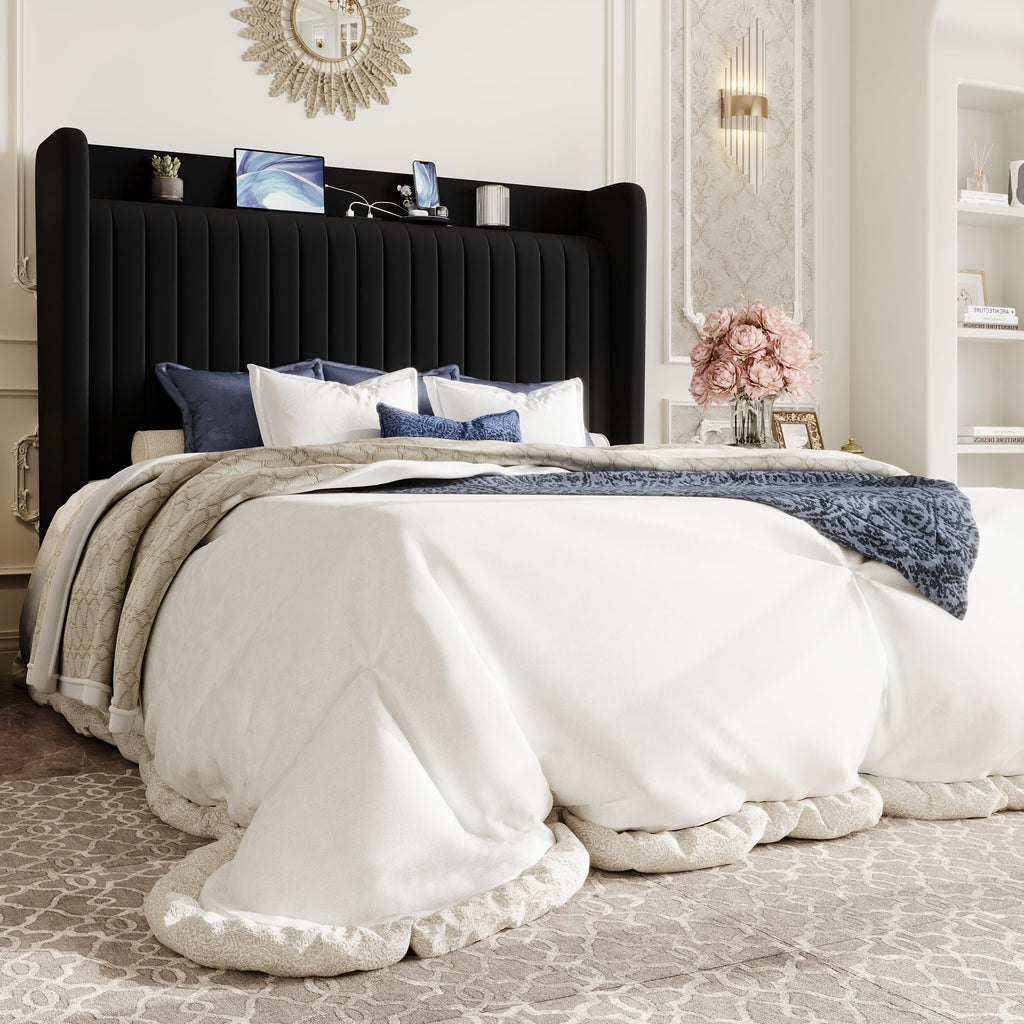 Queen Size Black Velvet Bed Frame with Shelf C782036