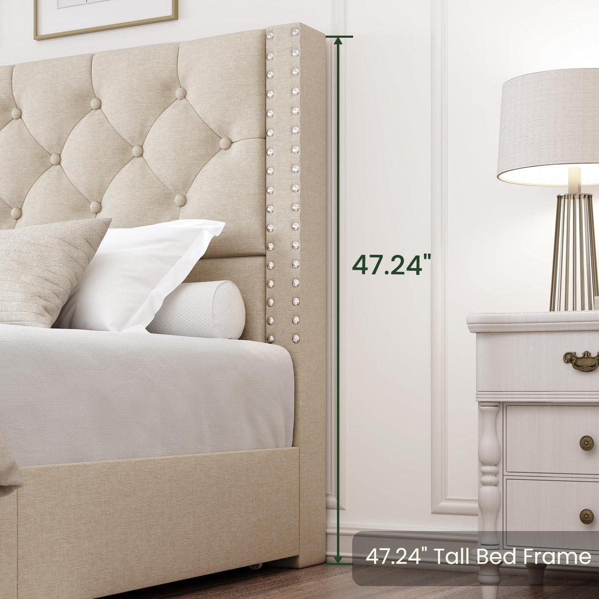 Queen Size Linen Upholstered Platform Bed Frame with 4 Storage Drawers I52874